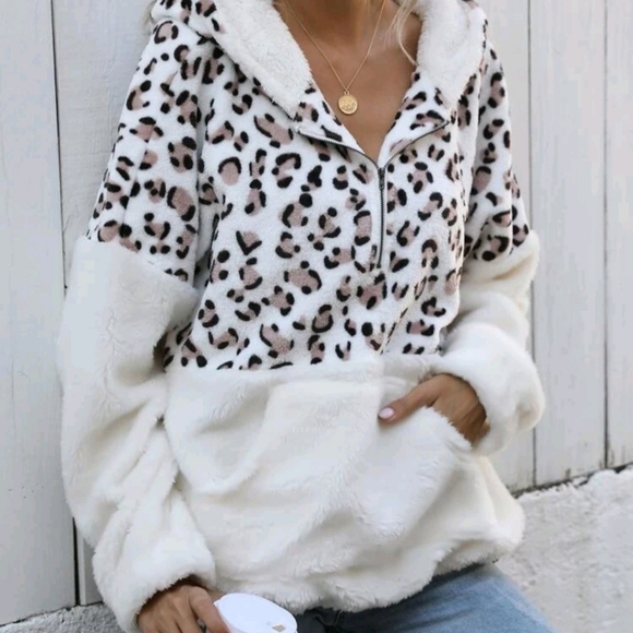 SHEIN LUNE Leopard Panel Half Zip Flannel Hoodie - Picture 7 of 7
